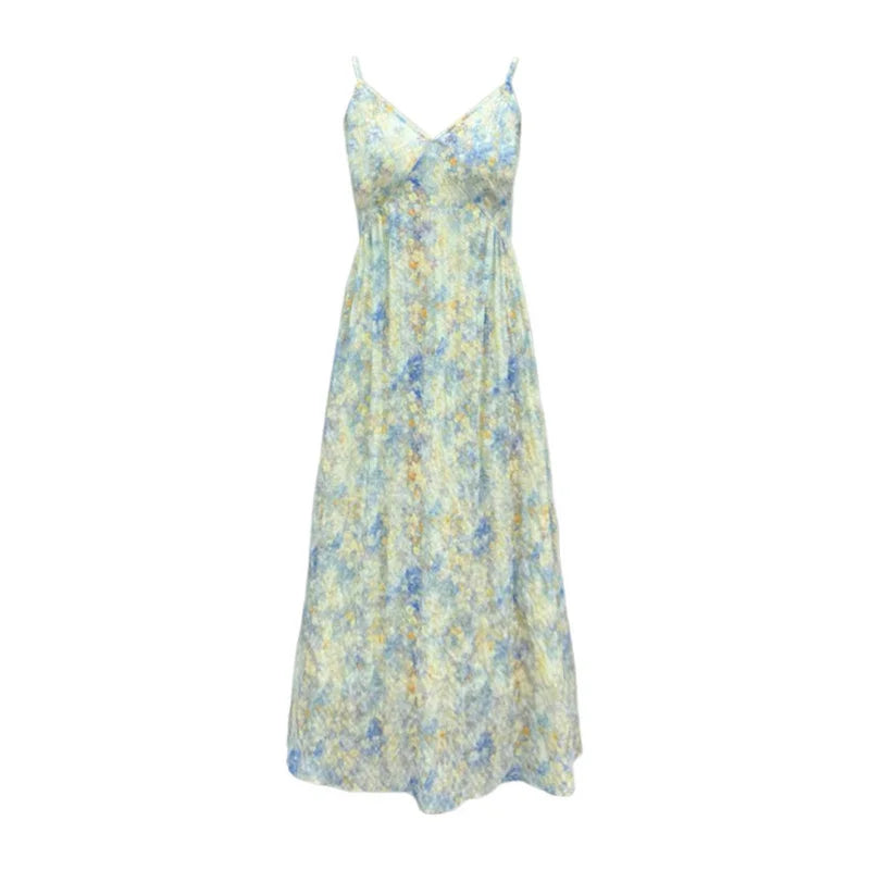 New Pink V-Neck Floral Print Halter Dress Women's Summer Vacation Style Long Dress Tea Break Sweet High Waist A-Line Skirt
