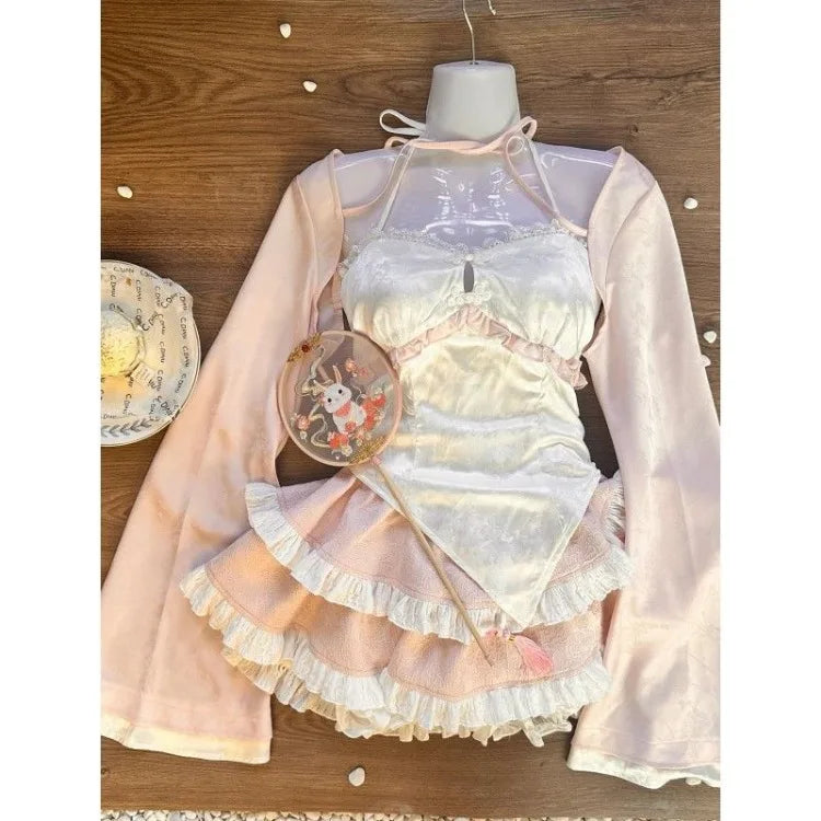 New Chinese Style Pink Cardigan Coat Women+ Irregular Slim Fit Camisole Vest+ High Waist Ruched Lace Skirts Three Piece Sets