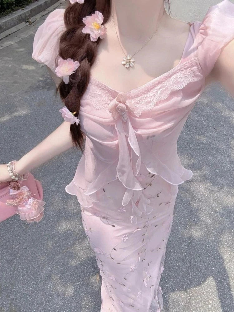 French Style Elegant Party Strap Long Dress Women Beautiful 3D Floral Spaghetti Dresses Seaside Vacation Pink Fitted Outfits New