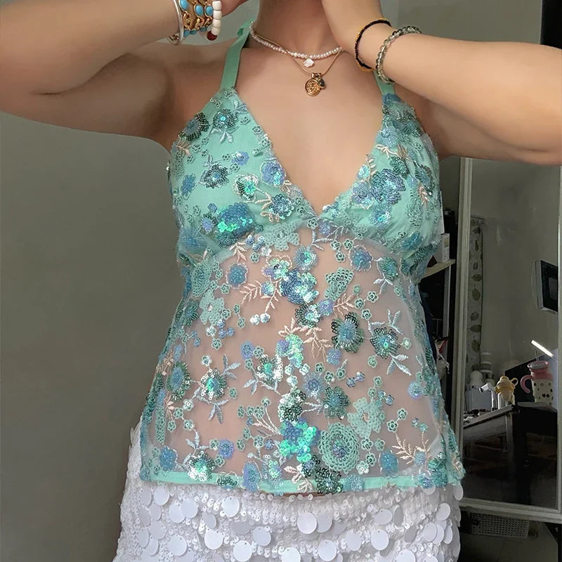Sequins Sexy Embroidery Tank Top Women Backless Halter Fashion See Through Flower Party Vest 2025 Summer Vacation Chic Tops