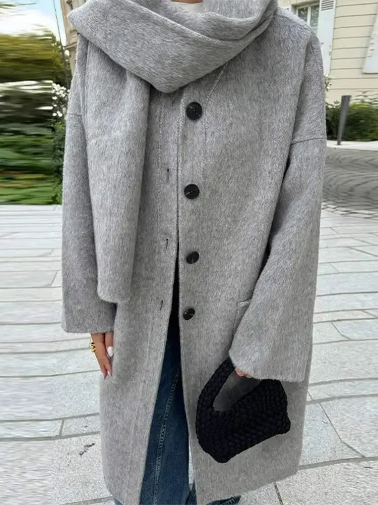 Elegant Autumn Winter Women Scarf Wool Overcoat Fashion Long Sleeve Solid Single Breasted Lady Coats New Daily Chic Outwear
