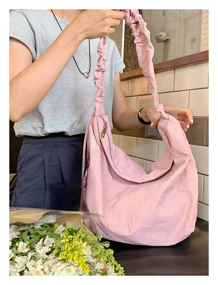 Cute Pink Shoulder Bag Women Pleated Solid Color College Style Fashion Tote Bag Large Capacity Drawstring Elegant Handbag