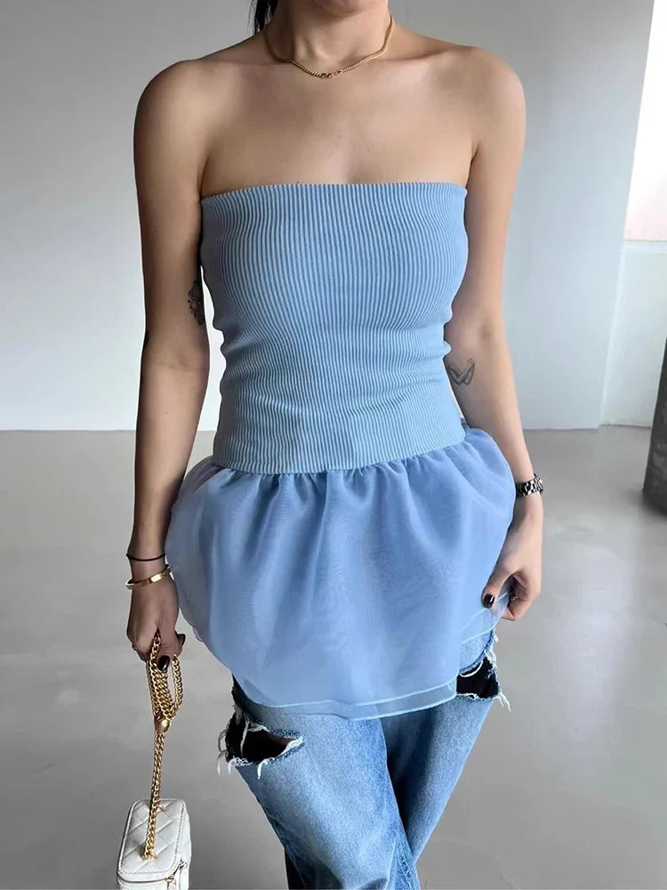 South Korea Chic Tops Summer French Sexy Line Collar Slim Tanks Patchwork Mesh Skirt Bottom Wipe Chest Vest Top Women