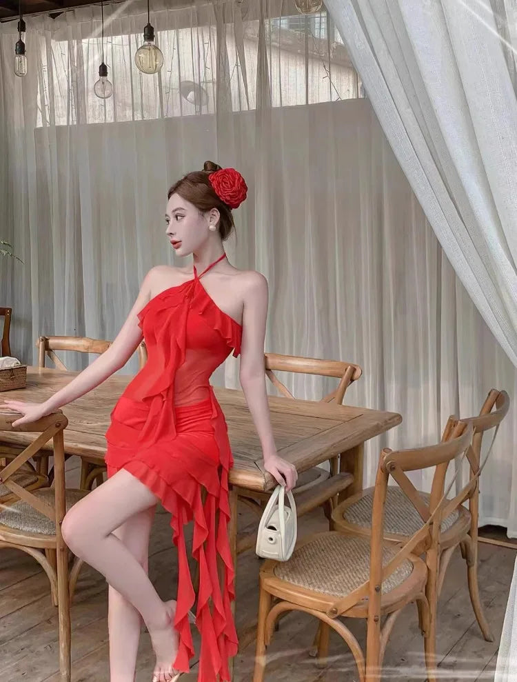 Sexy Dresses Women Irregular Ruffles Sleeveless Halter Mesh Patchwork Slim Backless Elegant Dress Party Female Holiday