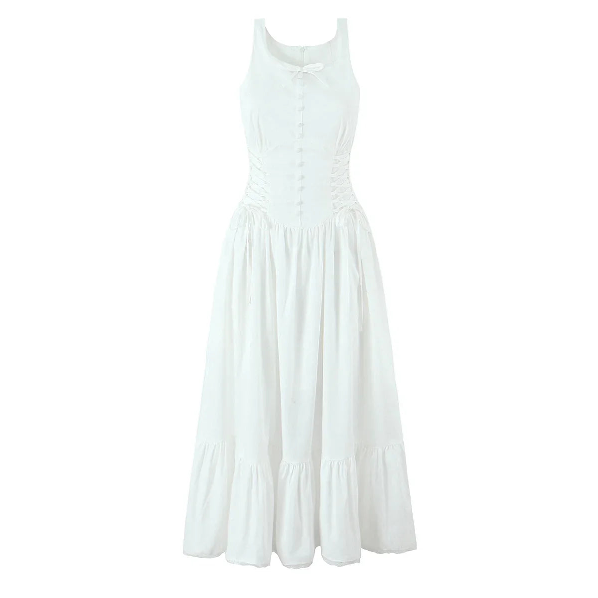 Women Bow O Neck Sleeveless Floral Print Boho Dresses Front Lace Up A-line Midi Summer Dress Chic Lady Holiday Party Robe