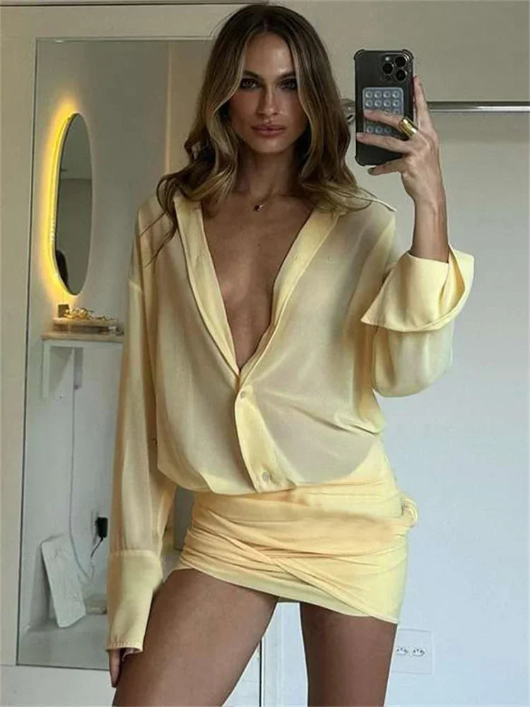 Plunging Collared Neckline Long Sleeve Ruched Wrap Mini Dress Set