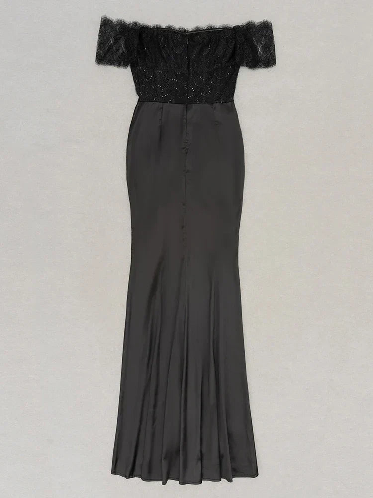 Off Shoulder Lace Corset Bodice Satin Ruched Center Maxi Gown