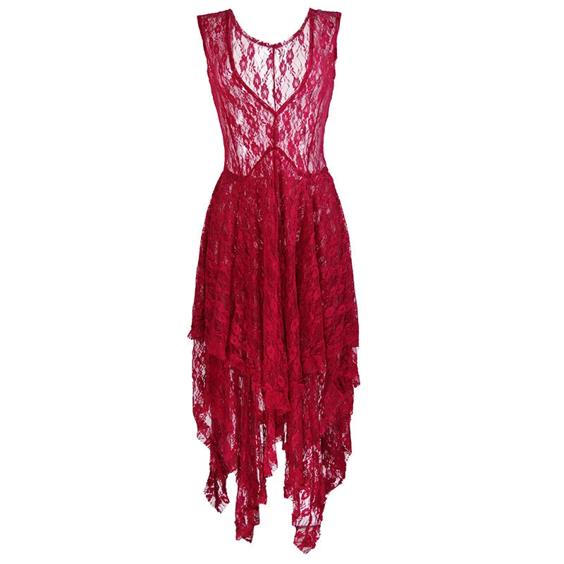 Y2k Grunge See-Through Lace Floral Sheer Tank Dress Women's Sleeveless V Neck Cover-up Long Dress Streetwear Party Dress