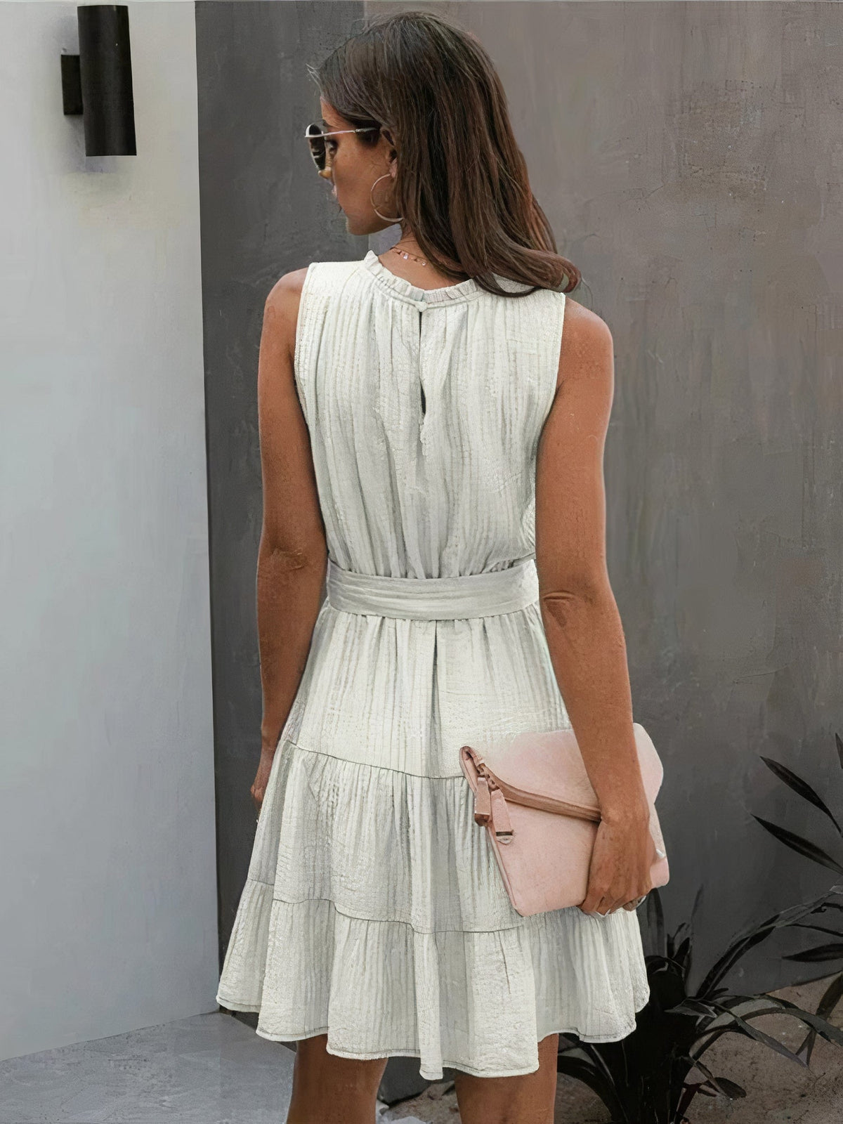 Mock Neck Ruffle Trim Self Tie Tiered Mini Dress