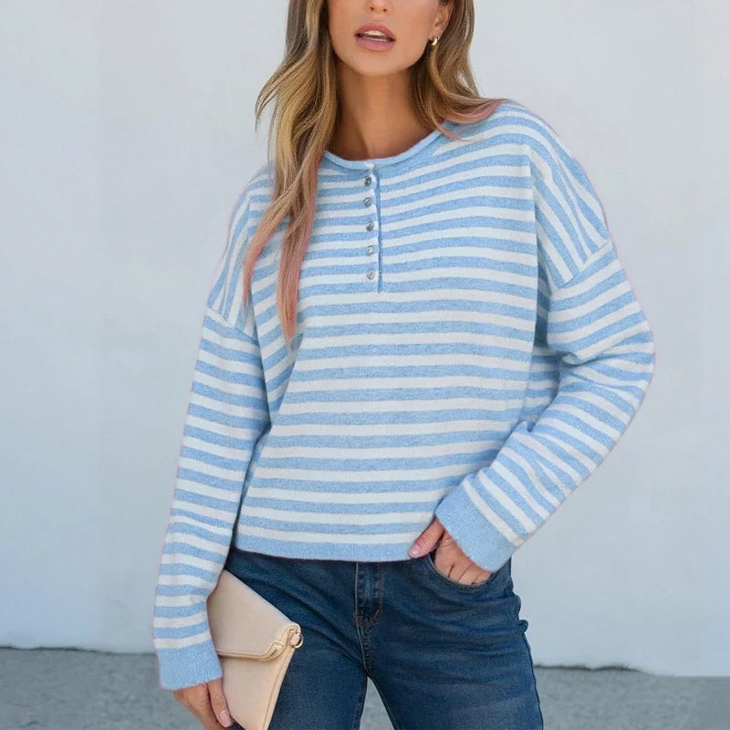 Womens Knitted Sweater Tops Fall Long Sleeve Crew Neck Striped Button Loose Pullover Jumpers Preappy Casual Knitwear