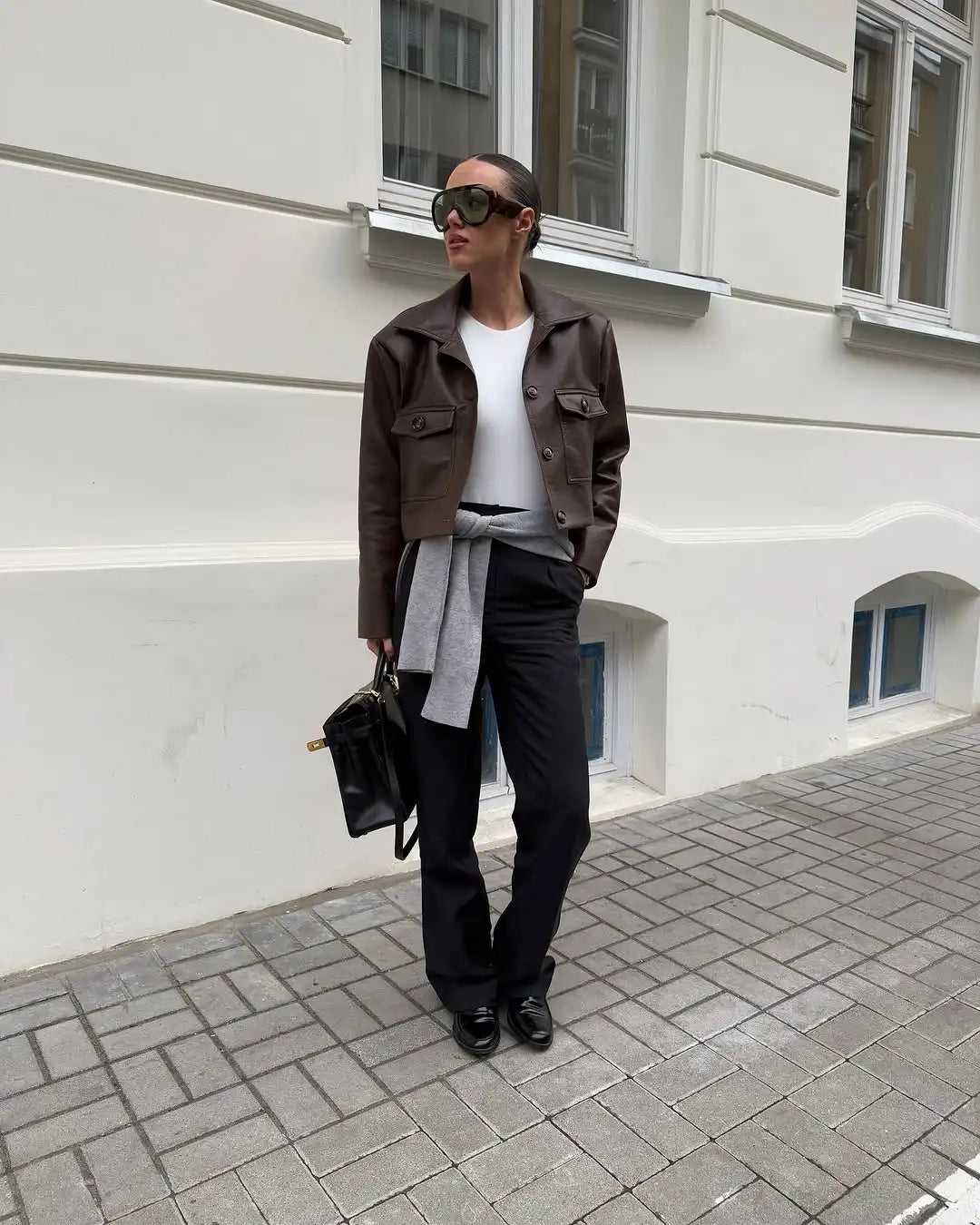 Elegant Brown Leather Cropped Jacket Women Fashion Laple Single Breasted Long Sleeves Coats Autumn Lady High Street Outwears
