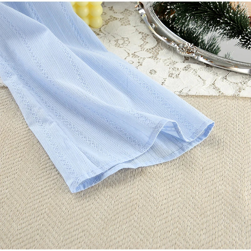 Blue Jacquard 100% Cotton Two Pieces Sets Women 2 Piece Set Oversize Lace Up Blouses Wide Legs Shorts Homewear Stripe Outfits