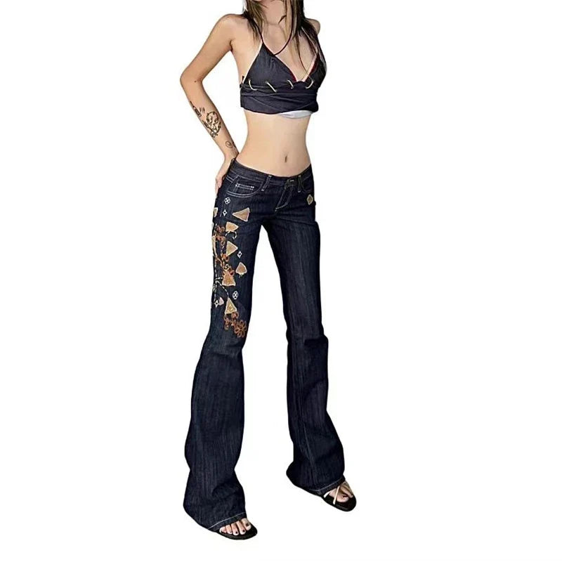 Women's Embroidery Low Waisted Micro Flared Jeans Summer New Casual Slim Denim Narrow Pants Female Sexy Bell-bottoms Trousers