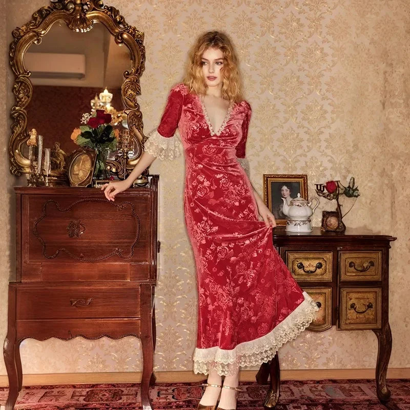 Lace Print Long Dress Women's Elegant V Neck Luxury Party Evening Gown High Waist Vintage Y2k Patchwork Dress Robe
