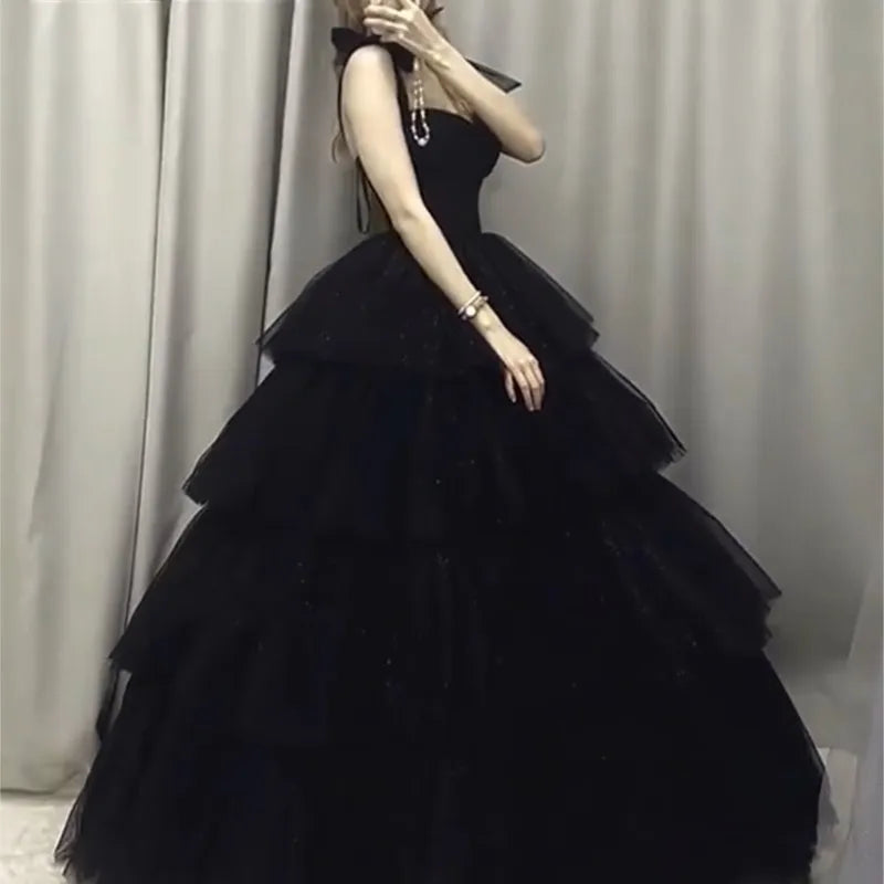 Black Women's New Adult Ceremony Art Exam Graduation Light Luxury Minority Strap Bubble Dress