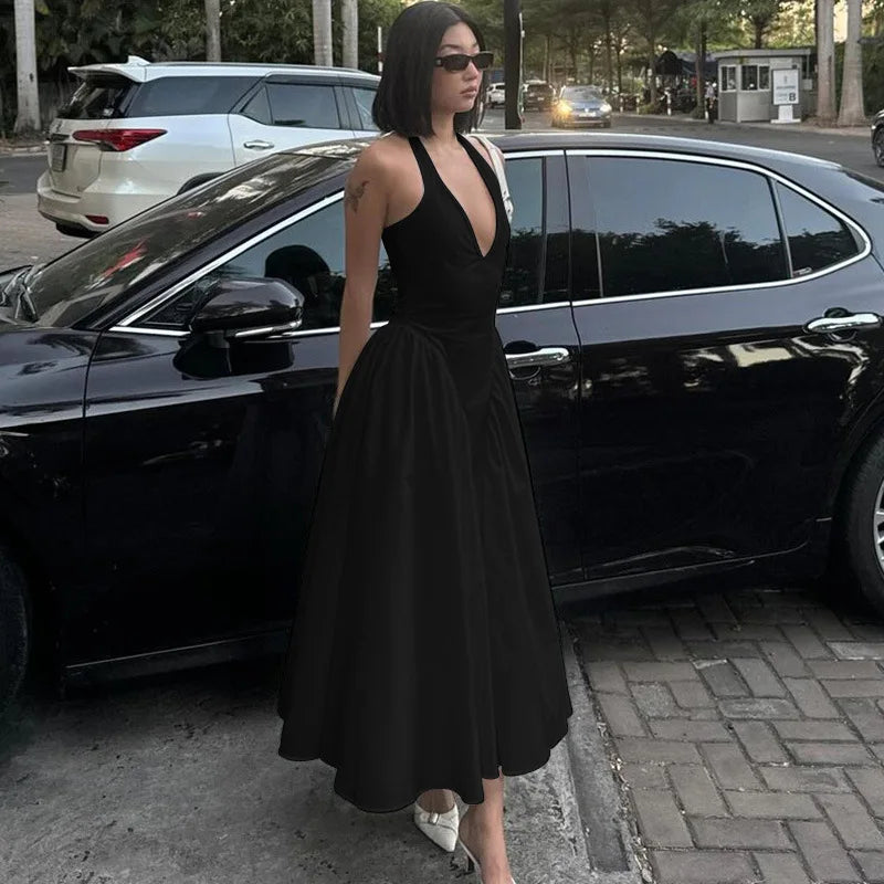 Sexy Deep V Hollow Halterneck Large Hem Dress For Women Solid High Waisted Backless Splice Summer New Vacation Long Dress