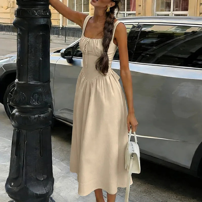 Retro Sleeveless Midi Dress Women Summer High Waist Lace Up Ruffle Long Dresses Holiday Beach Party Backless Dress Femme