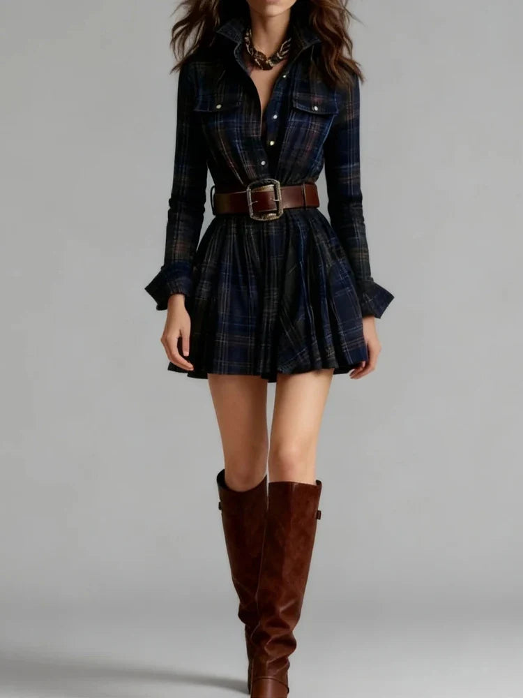 Vintage Commute Stripe Printed Pocket Dress Elegant Lapel Long Sleeve Pleated Mini Dress Temperament High Waist Slim Party Dress
