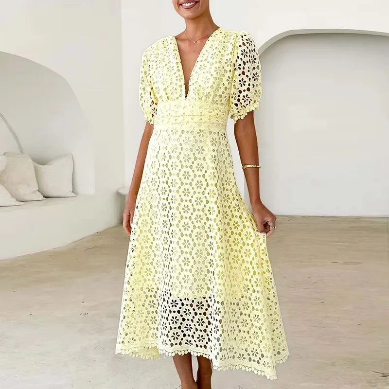 Sexy Deep V Lace Hollow Crochet Solid color Party Dresses Summer Elegant Women Temperament Waist Cinching A-Line Maxi Dress 2025
