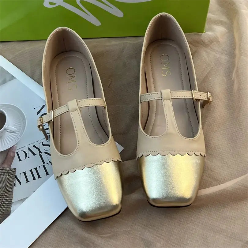 T-strap Mary Janes Shoes for Women Pu Leather Ptachwork Elegant Flats Shoes Spring Autumn Square Toe Loafers Female Shoes