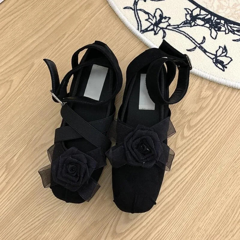 New Fashion Flower Square Toe Shallow Shoes Women Buckle Vintage Suede Autumn Women's Party Comfort Ballerinas Shoes