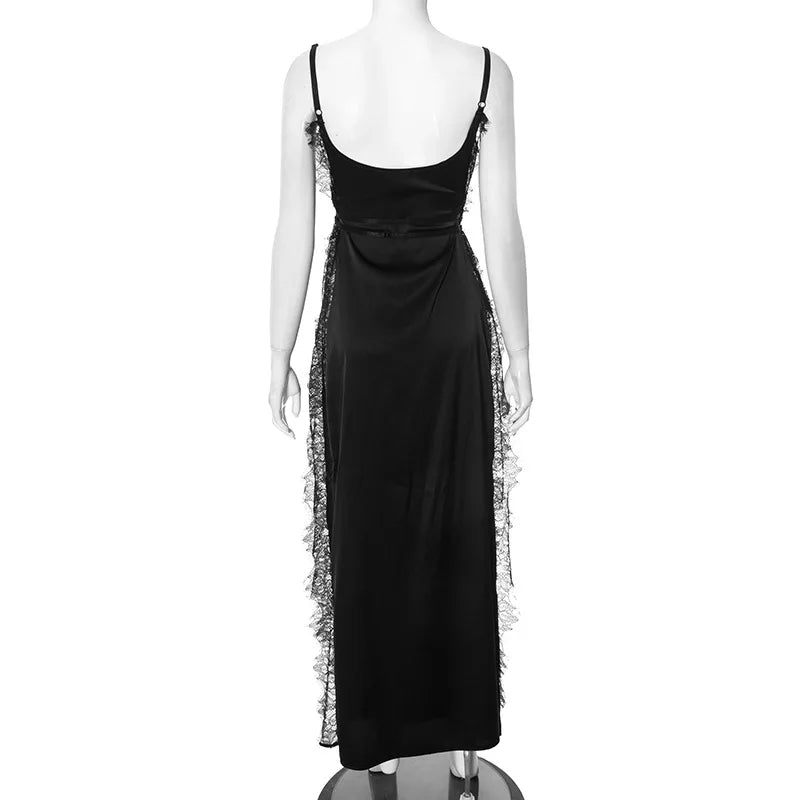 Lace Trim High Split Spaghetti Strap Satin Slip Maxi Dress