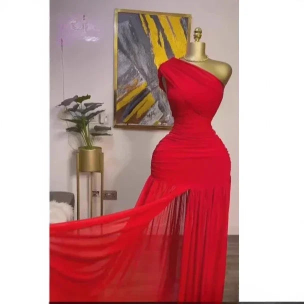 One-Shoulder Draped Ruched Bodice Pleated Skirt Maxi Dress