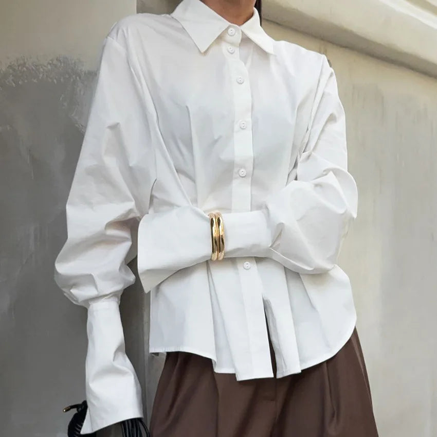 Pure cotton shirt for women, high-end, light luxury, versatile, pleated, waist cinching, slim fit, long sleeved, lapel shirt