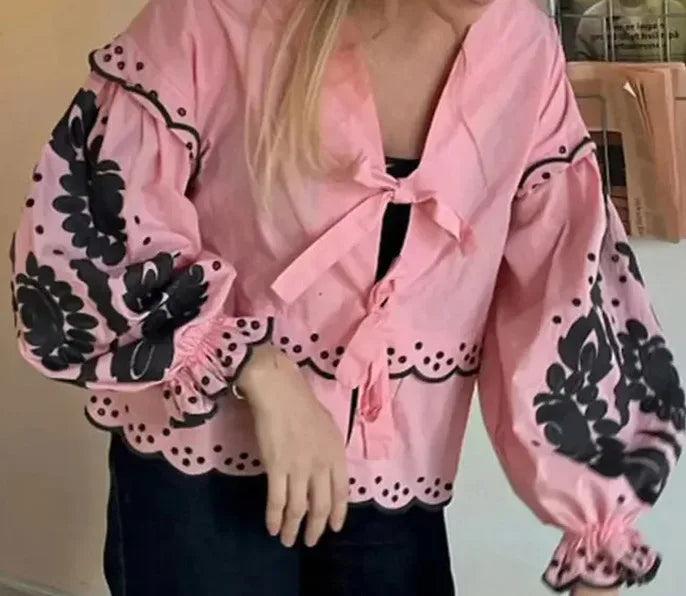 Women's New Fashionable Casual V-neck Lace Up Lantern Sleeve Shirt Embroidered Print
