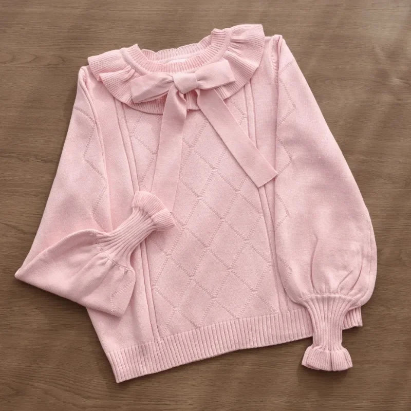 Autumn Winter Sweet Puff Long Sleeves Solid kawaii Knitted Pullover Women Lolita Ruffles Bow Sweater Women Knitwear Jumpers Tops