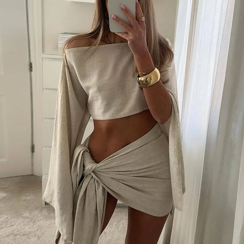 Summer Skew Collar Long Sleeve Blouse Top+Skirts Beach Outfits Sexy Asymmetric Dresses Suit Hawaii Vacation Two Piece Women Set