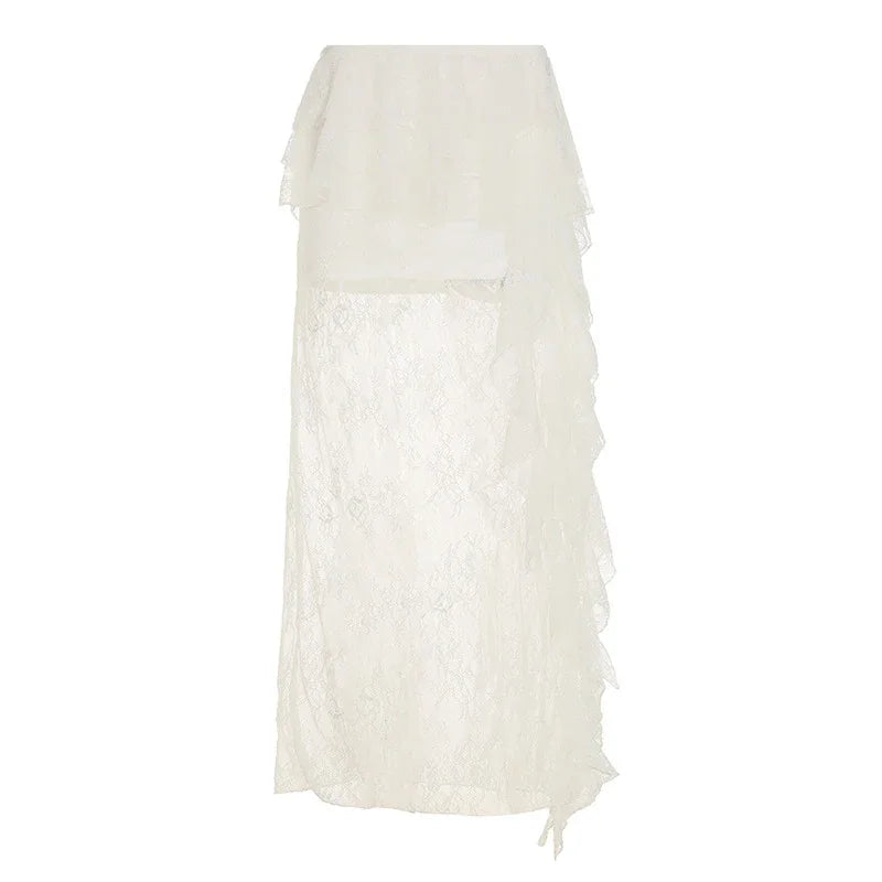 Sexy Ruffle Top Lace Skirt Set Women Loose Lace Up Flare Sleeve Tops See Through Long Skirts 2025 Summer Lady Party Solid Suits