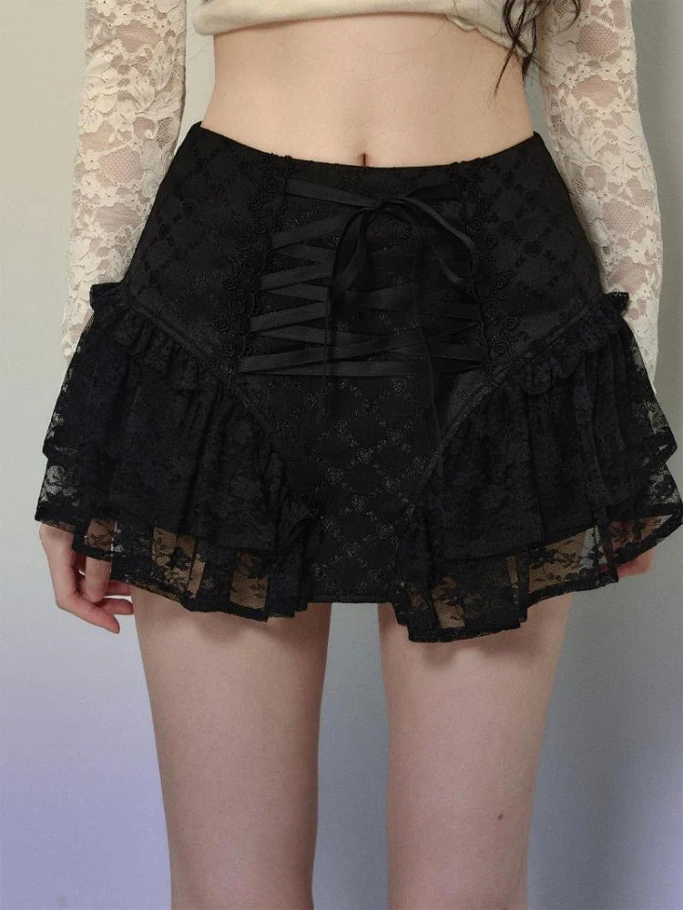 Japanese New Sweet Lolita Solid Cake Mini Skirt Women Bow Lace Patchwork Short Skirt Girls Kawaii Y2k Style Chic Harajuku Skirts