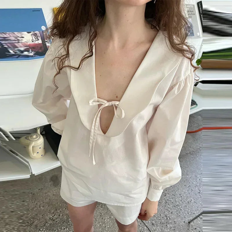 Sweet Bow Lace-up Women's Blouse Solid Loose Wavy Deep V-neck Puff Long Sleeve Tops 2024 Spring Summer Elegant Female Blouses