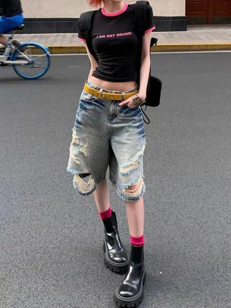 Women's Worn Out Distressed Personality Cropped Jeans Summer New Street Style Thin Denim Shorts Casual Female Knee Length Pants