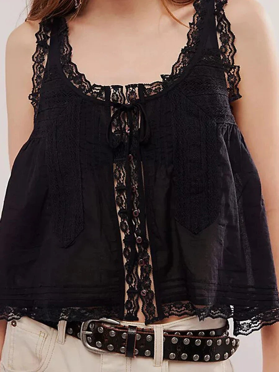 White Lace Trim Tank Top Women U Collar Single Breasted Drawstring Vest Summer Casual Fashion Hollow Out Camisole 2025 New