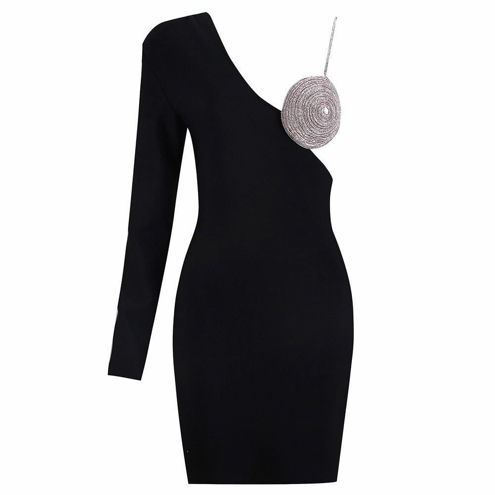One Sleeve Crystal Disc Cutout Asymmetrical Mini Dress