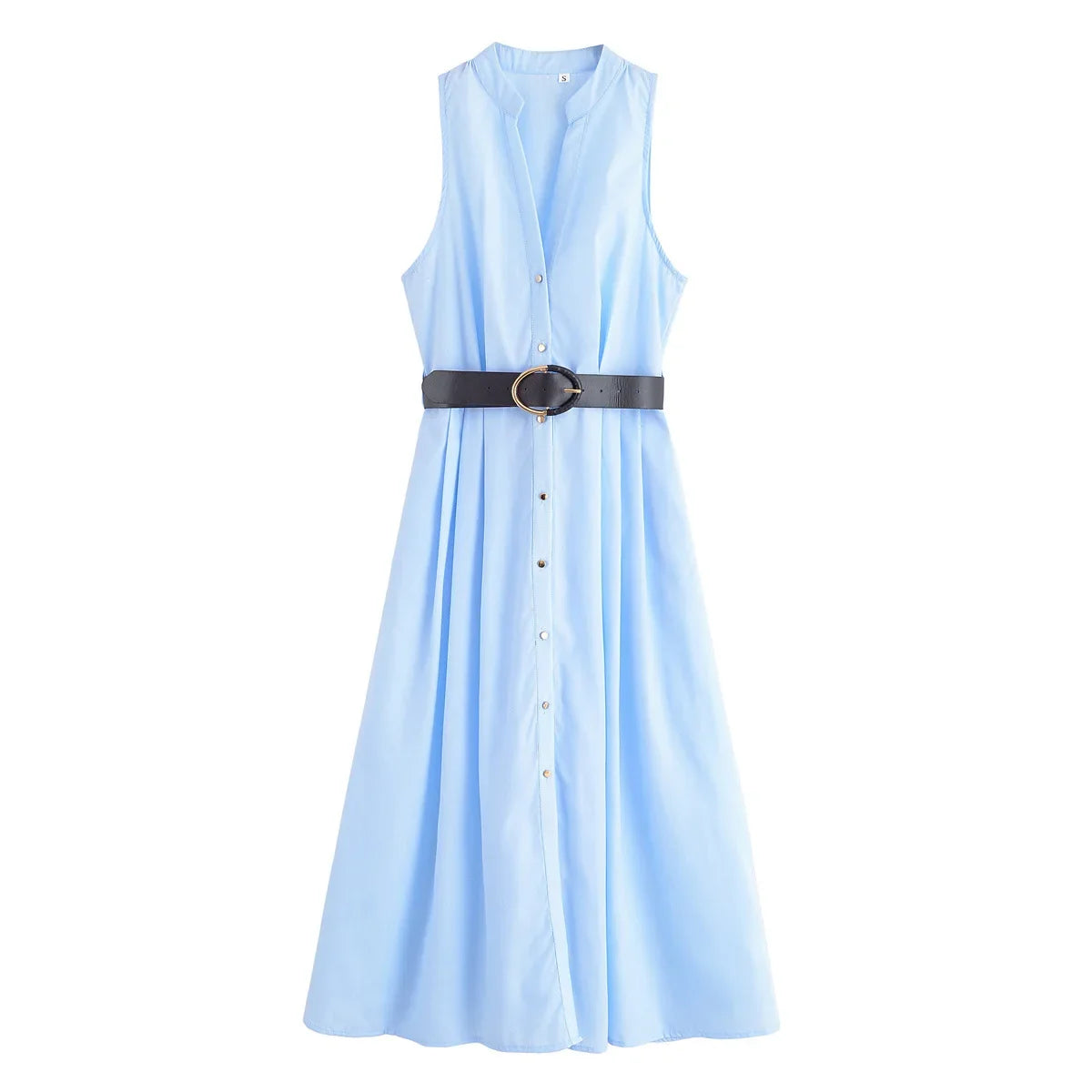 Casual Fashion Women's Dress Solid Color Round Neck Sleeveless Single Breasted Drape Belt Dress New Commuter Pleated Dress