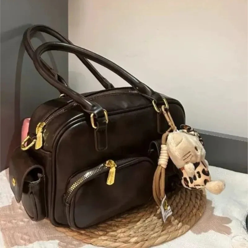 Retro Brown Bowling Tote Bag Women Ladies Leather Multi Pocket Large Capacity Shoulder Bag Ladies Fashion Boston Crossbody Bags