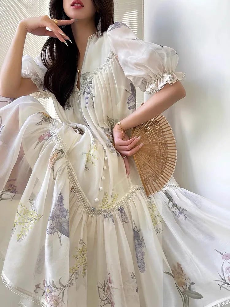 High Quality Fashion Vintage Women Spring Autumn Print Flower V Neck Lantern Sleeve Boho Casual Party Holiday Dresses