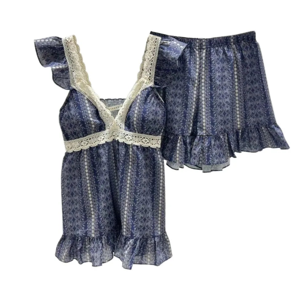 Striped Suspender Shorts Pajamas Ruffle Sleeveless Floral Pajamas Suit Loose with Chest Pad Women's Sleepwear Sets Sleeping