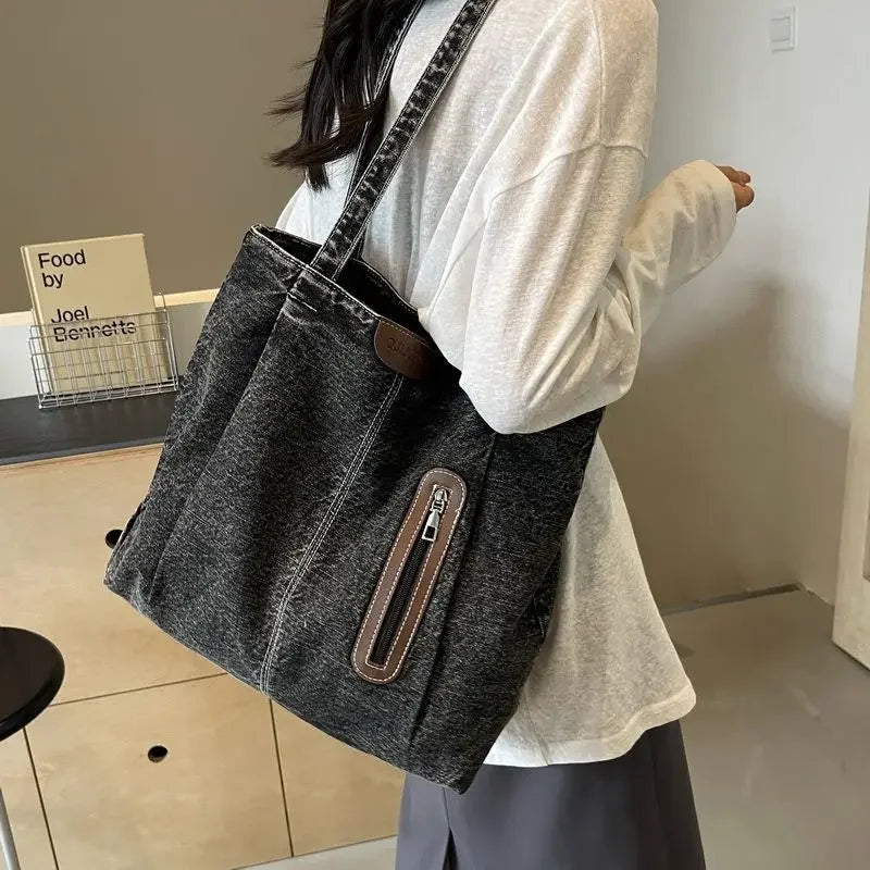 Large Capacity Denim Single Shoulder Bag New Fashion Versatile Tote Retro Commuting Casual Bags