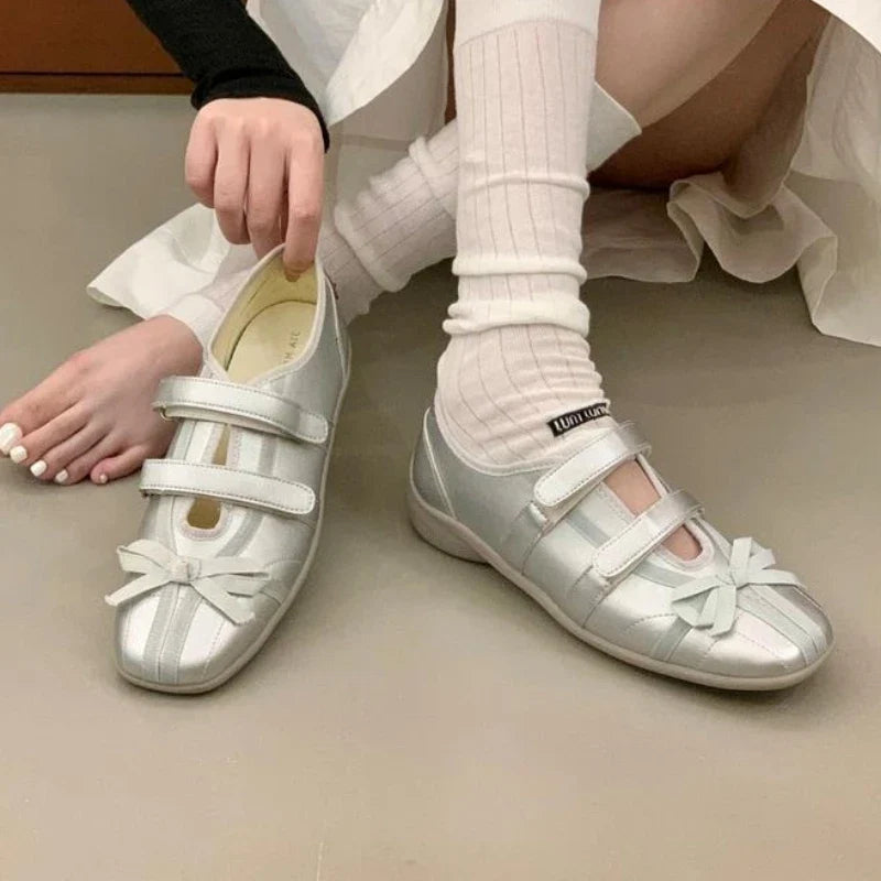 Sweet Pink Bow Ballet Flats Women Fashion Double Narrow Band Design Brand Mary Jane Shoes Comfort Round Toe Shallow Casual Shoes