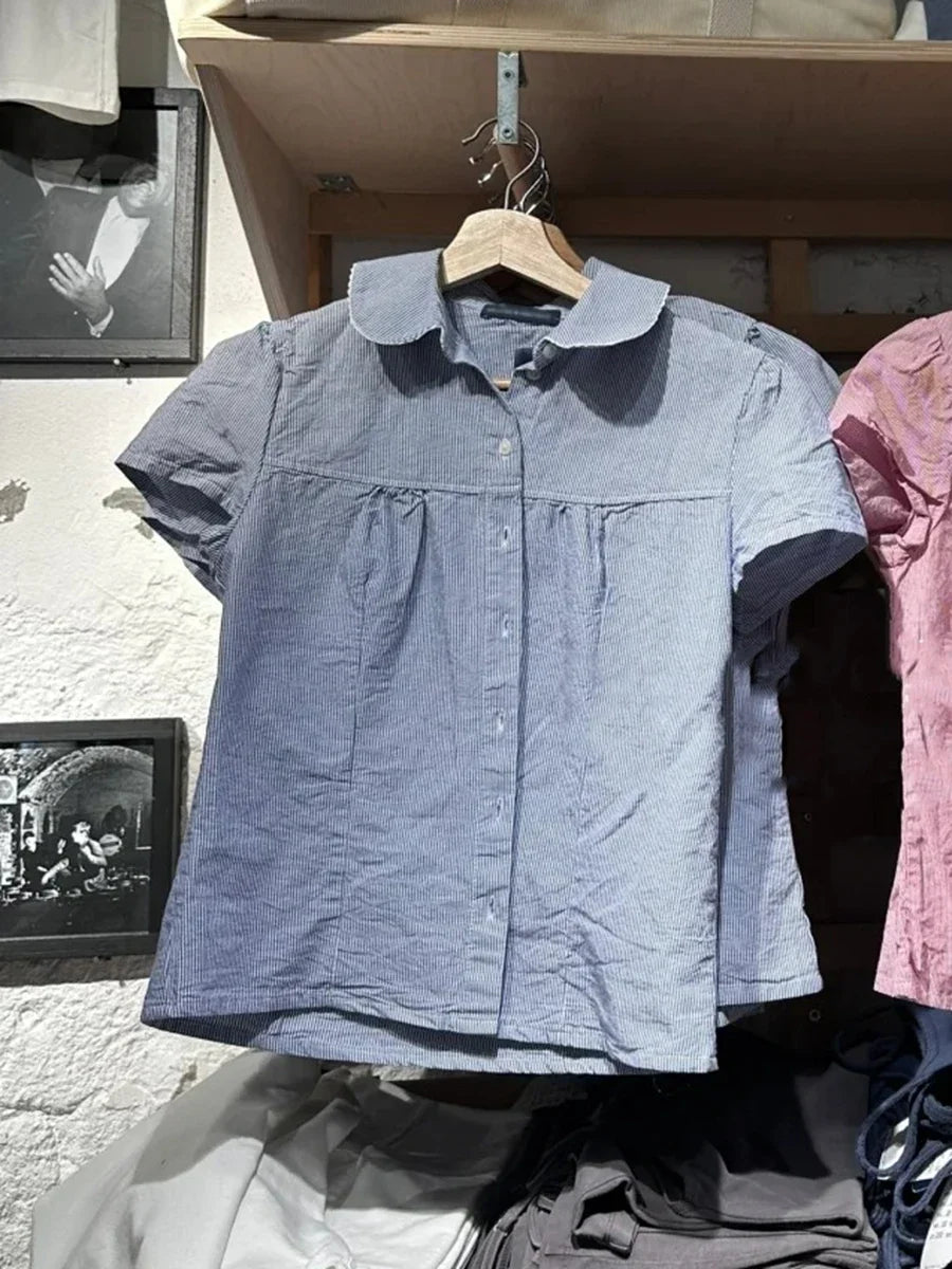 Pink Striped Peter pan Collar Blouse Women Casual Preppy Style Button Short Sleeve Tees Sweet Vintage Cute T-shirts Y2K Tops New