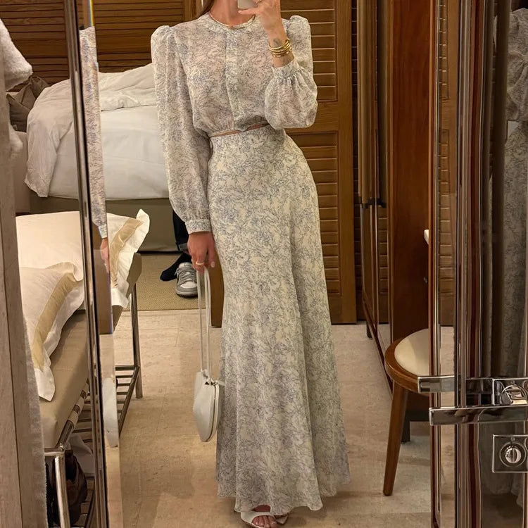 Commute Printed Female 2 Piece-Set Long Skirt Patchwork High Waist Short Top And Slim Maxi Skirt Sets New Women's Outfits