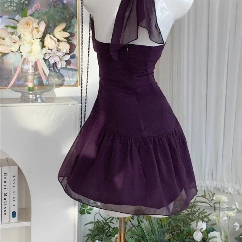 Purple Sexy Retro Elegant Woman Summer Dress Button Design Harajuku Princess Prom Dress Female Chic Korean Popular Clothes
