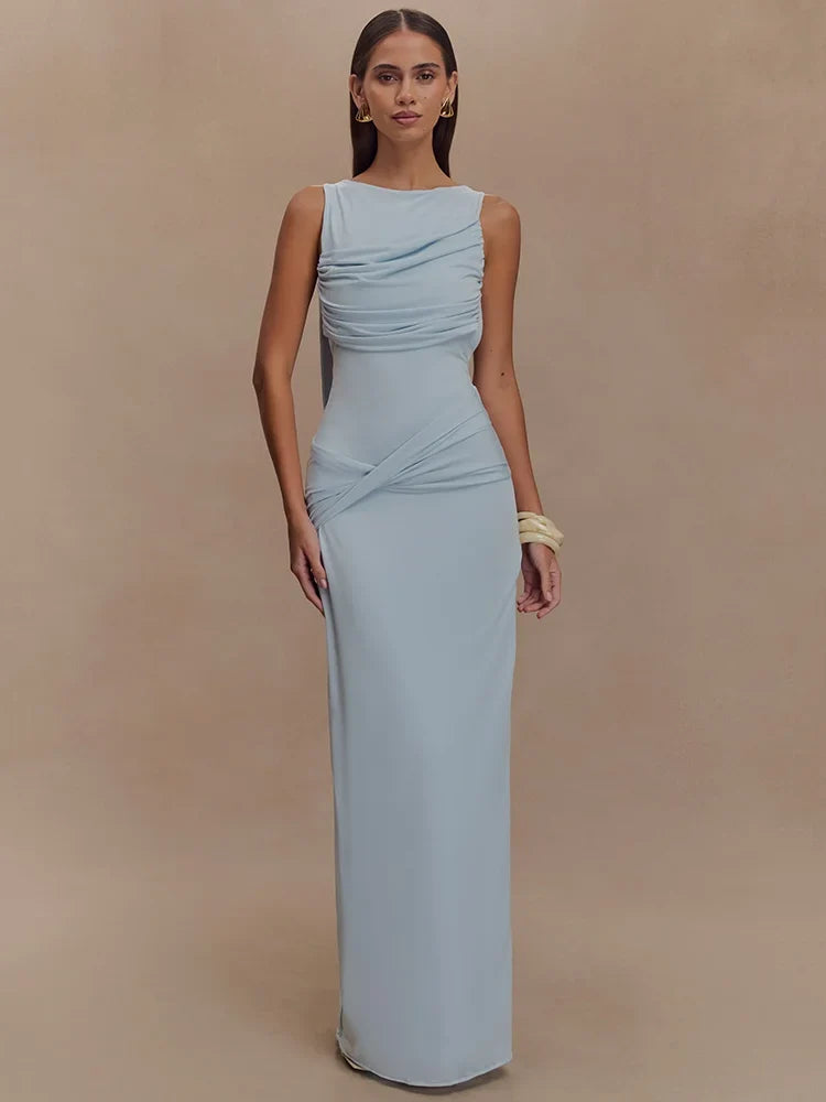 Sleeveless Ruched Boat Neck Draped Waist High Slit Maxi Gown