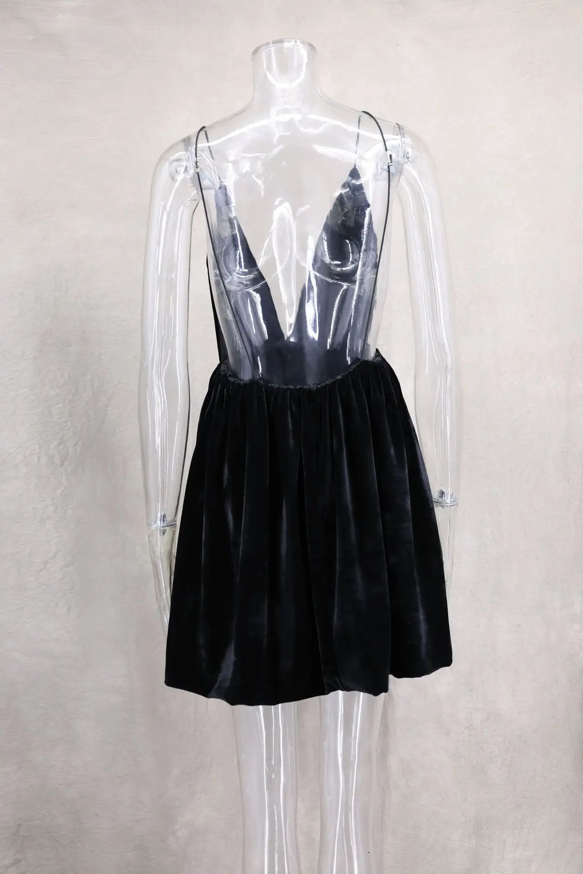 Spaghetti Strap Deep V Neck Gathered Velvet Babydoll Mini Dress