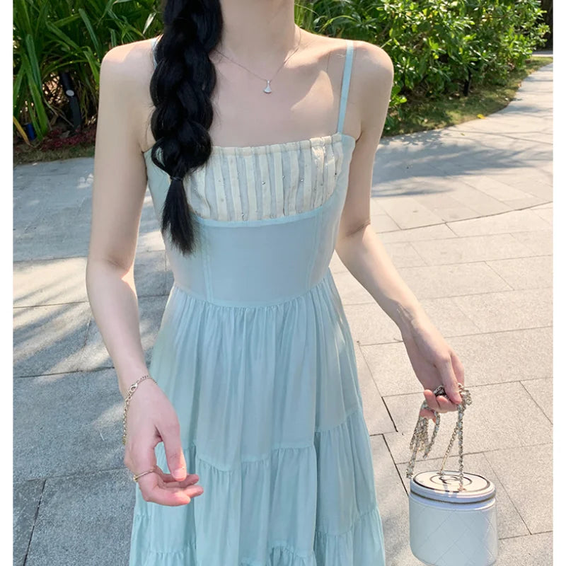 Elegant Vintage Fashion Patchwork Midi Dresses for Women Summer Beach Holiday Spaghetti Strap Casual Party Female Clothing