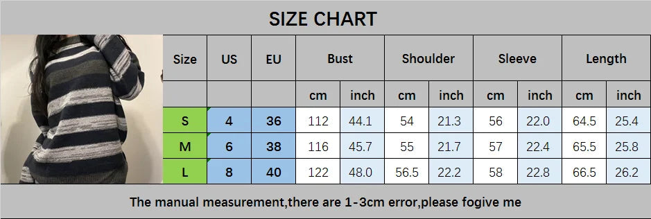 Aesthetic Retro Baggy Jumpers Tops Y2k Women Casual Knitwear Cottage Loose Fit Striped Sweaters Fall Long Sleeve O Neck Pullover